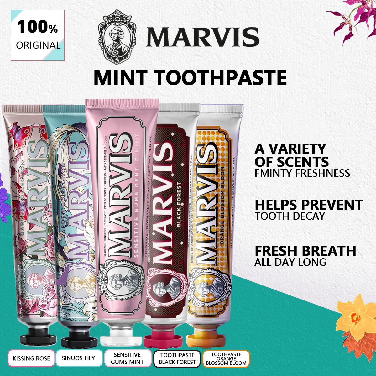 Teeth Whitening Thailand - Marvis Toothpaste 75ml,Silky Smooth Paste,Gentle Care,Fresh